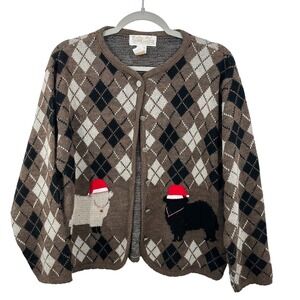 Vintage Tally-Ho Argyle Sheep Christmas Cardigan Sweater Brown Quirky Grannycore